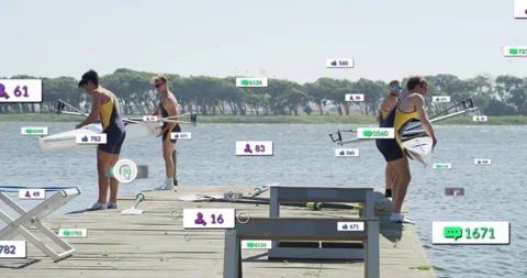 Rowing crew lifting shell on dock, displaying floating social media marketing 스톡 동영상 307972980