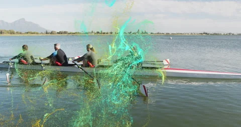 Rowing crew starting drive from catch rippling water with fluid effect showing Stock Footage 315866174
