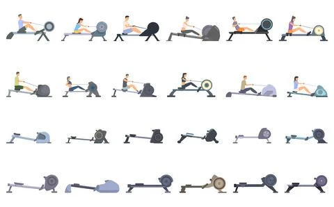 Rowing Machine icons set cartoon vector. Active row Stock Illustration