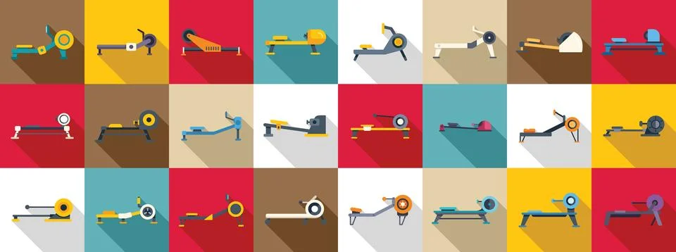 Rowing Machine icons set. Rowing machine icon set showing cardio workout Stock Illustration