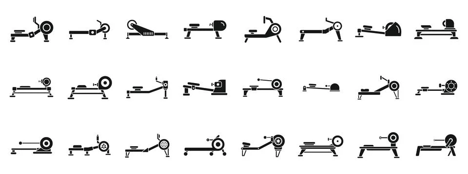 Rowing Machine icons set. Set of different rowing machines isolated on white Stock Illustration