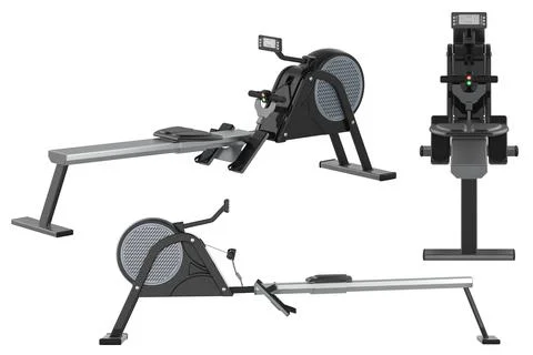 Rowing Machine, Magnetic Rower with LCD Monitor different front, top, side .. Stock Illustration