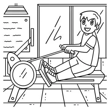 Rowing Oarsman on Indoor Rowing Machine Coloring Stock Illustration