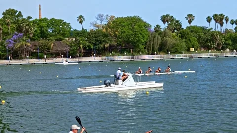 Rowing practice and kayaking activity on Guadalquivir River Stockbeeldmateriaal 336100833