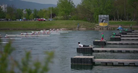 Rowing race start on Jarun Lake 스톡 동영상 332622058