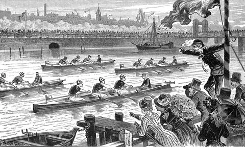 Rowing race on the Thames rowing regatta c 1860 London digitally restored Stock Illustration