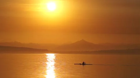 Rowing a single rowing shell at Sunrise Stock Footage