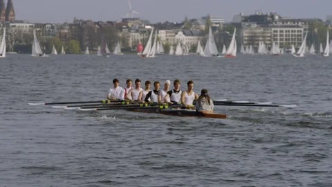 Rowing Team In Boat Rowing on Hamburg Outer Alster Lake Stock Footage 79478051