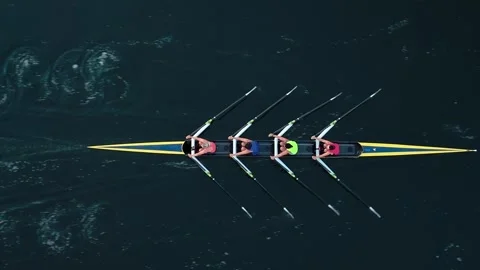 Rowing Team Four Women Training Halifax Bay At Sunrise, Top Aerial Perspective Stock Footage 317901400