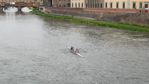 Rowing Team Paddling Arno River with Ponte Vecchio View in Florence, Italy Stock Footage 335954538