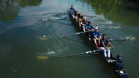Rowing team paddling in unison on a river Stock Footage 331686426
