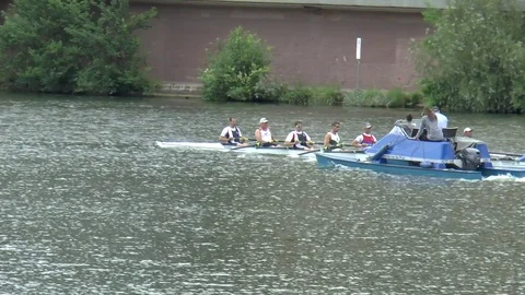 Rowing Team with Training Instructor on River Neckar Stock Footage 82956484
