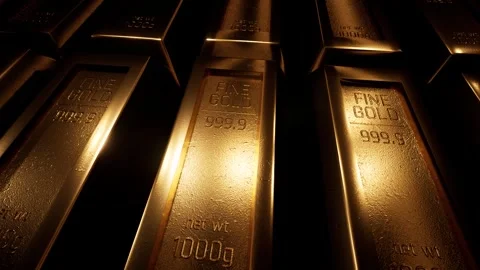 Rows of 1000g fine gold bars in a dark vault Vídeos de archivo 328981017