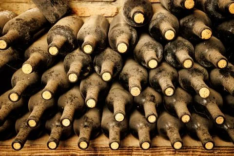 Rows of Aged Wine Bottles in a Rustic Cellar. Stock Photos