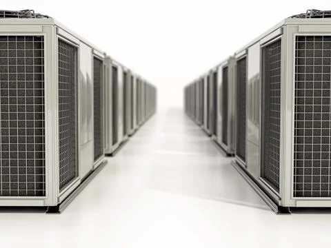 Rows of air conditioner units forming a corridor. 3D illustration Stock Illustration