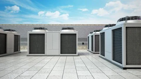 Rows of air conditioner units forming a corridor. 3D illustration Stock Illustration