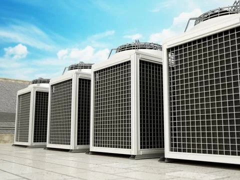 Rows of air conditioner units forming a corridor. 3D illustration Stock Illustration