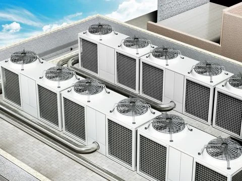 Rows of air conditioner units forming a corridor. 3D illustration Stock Illustration