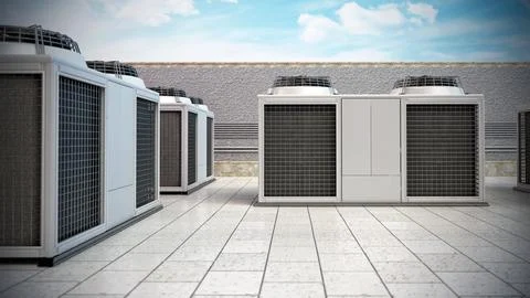 Rows of air conditioner units forming a corridor. 3D illustration Stock Illustration