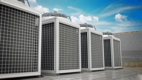 Rows of air conditioner units forming a corridor. 3D illustration Stock Illustration