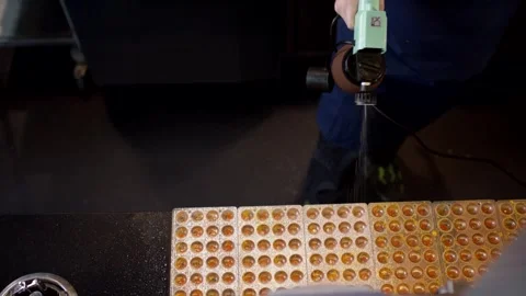Rows of Amber Domes on Panel With Worker Holding Power Tool, High Angle Shot Stock Footage 341344938
