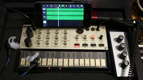 Rows Of Analog Midi Controllers. musical devices for sound equalizing Stock Footage 72193454