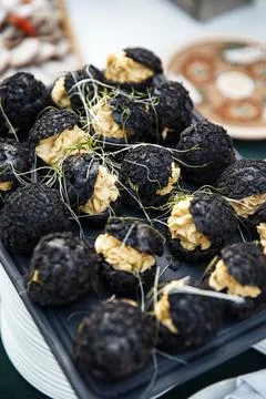 Rows of appetizers and starters on the wedding table Stock Photos