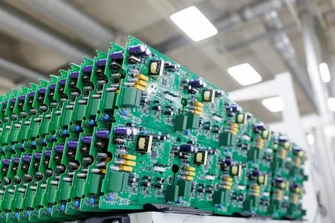 Rows of assembled power electronics circuit boards in modern manufacturing .. Stock Photos
