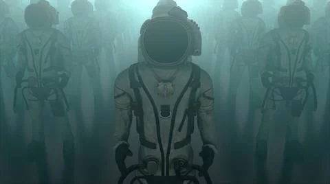 Rows of astronauts with fog, computer generated. 3d rendering of fantastic... Stock Photos