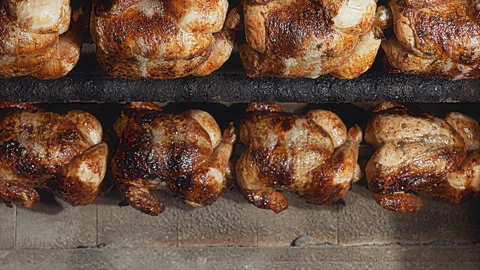 Rows of Authentic Peruvian Rotisserie Chicken Roasting on a Spit Stock Footage 339077926