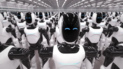 Rows of autonomous AI powered humanoid robots standing in industrial warehouse Stock Footage 328530645
