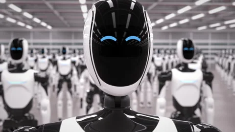Rows of autonomous AI powered humanoid robots standing in industrial warehouse Stock Footage 328532794