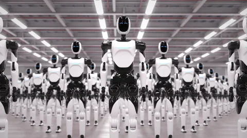 Rows of autonomous AI-powered humanoid robots rising in industrial warehouse Vídeo Stock 329510061