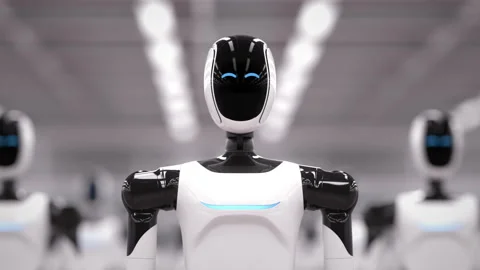 Rows of autonomous AI-powered humanoid robots rising in industrial warehouse Stock Footage 329510063