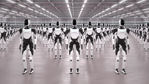 Rows of autonomous AI-powered humanoid robots rising in industrial warehouse Stock Footage 329510237