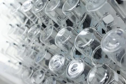 Rows of beaker on a drying rack in a chemistry lab. Stock Photos