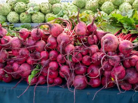 Rows of beets root vegetables sitting on table at farmers market Stock Photos