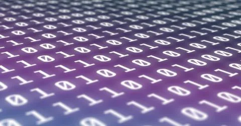 Rows of binary code in white on gradient background represent data processing Stock Photos