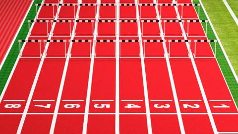 Rows of black and white hurdles on running track Stock Illustration