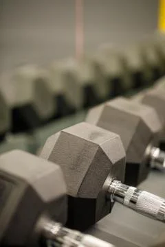 Rows of black dumbbells in the workout gym in high resolution and urban style Stock Photos