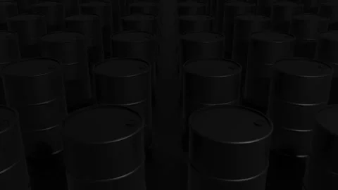 Rows of Black Oil Barrels in Dark Warehouse - 4K Loop Vídeos de archivo 334796371