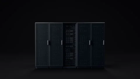 Rows of black server racks stand in a dark, minimalist environment Stock Footage 347761968