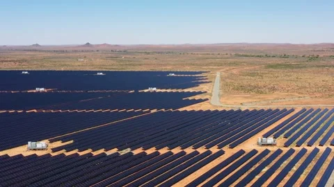 Rows of black sun panels at solar farm in Broken hill city desert outback 4k. Stock Footage 168163753