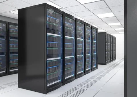 Rows of blade server system in data center. 3D rendering image. Stock Illustration