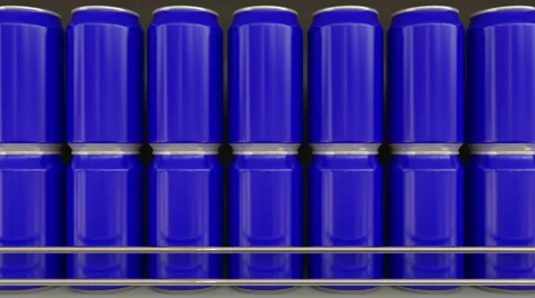 Rows of blue cans at supermarket. Soft drinks or beer on grocery store shelf Stock Footage 68836857