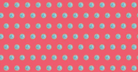 Rows of blue clock pattern on pink background Illustrazione stock