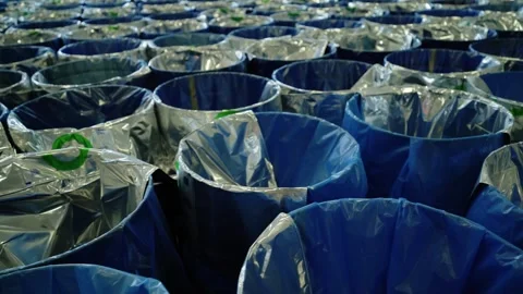 Rows of blue recycling bins with silver liners Stock-Footage 347964615