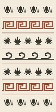 Rows of bold ancient-inspired emblems, wave forms, foliage, and meanders cr.. Stock Illustration
