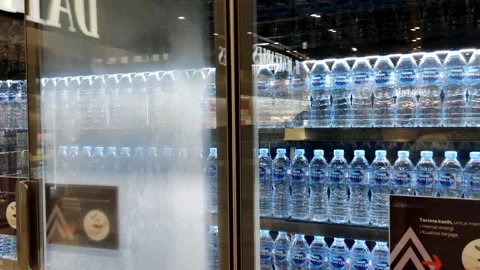 Rows of Bottled Water Displayed in a Glass Refrigerator at a Store Stock Footage 305526402