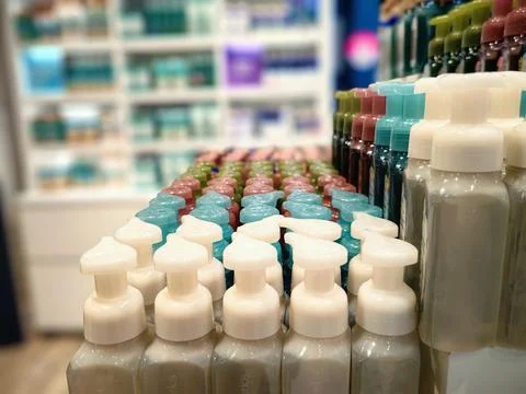 Rows of bottles containing body cleansing soap in the bath and shower store. Foto stock